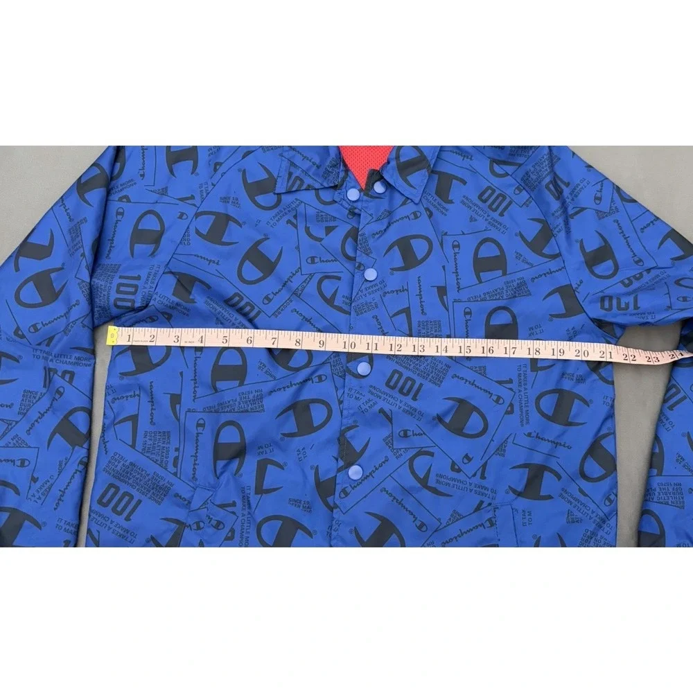 Vintage Champion Jacket Mens Medium Blue Long Sleeve Snap Logo All Over Print